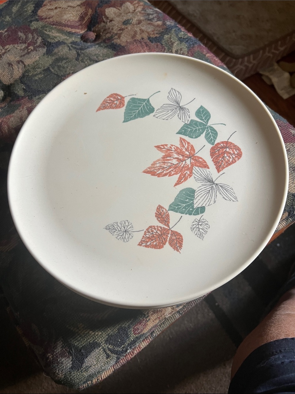 Retro Neutral Ceramic Dinner Plate with Green and Orange Leaf Pattern